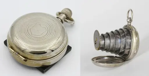 1893 Lancaster Watch Camera, depicted closed (left) and open (right)