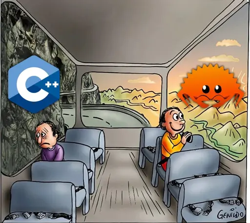 Meme template showing the good and bad sides of a bus when it comes to the view. The good side of the bus is labelled with Ferris (the mascot of the Rust programming language), while the bad side of the bus is labelled with the logo of C++.