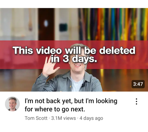 A screenshot of a YouTube video captioned, "This video will be deleted in 3 days.".  The video was posted 4 days ago